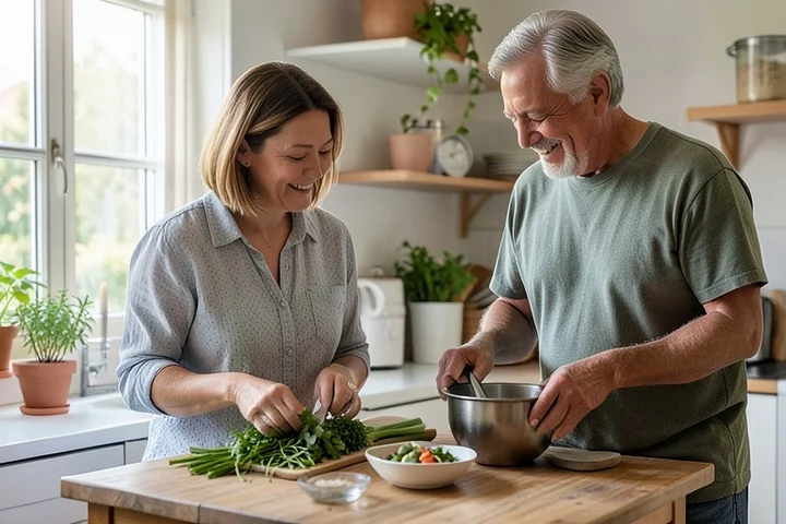 A woman and man in their 40s prepare a simple weekend meal together in a bright home kitchen