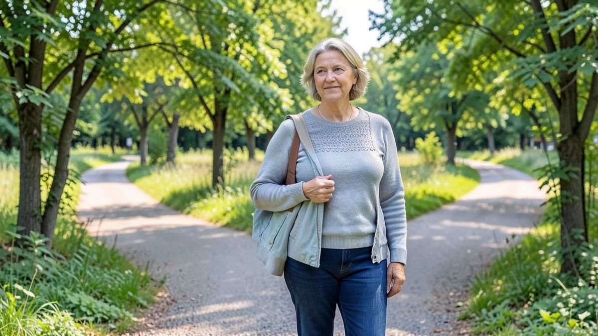 A woman in her early 50s pauses at a fork in two leafy walking trails, choosing one route while carrying a light jacket over her arm