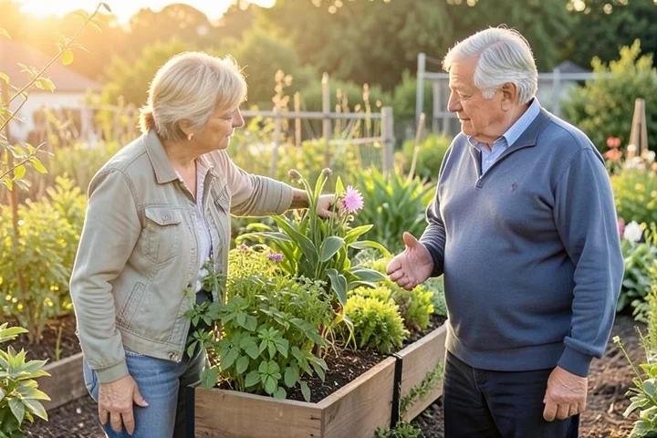 Two adults in their late 40s begin an easy conversation beside a raised herb bed at a neighborhood garden gathering