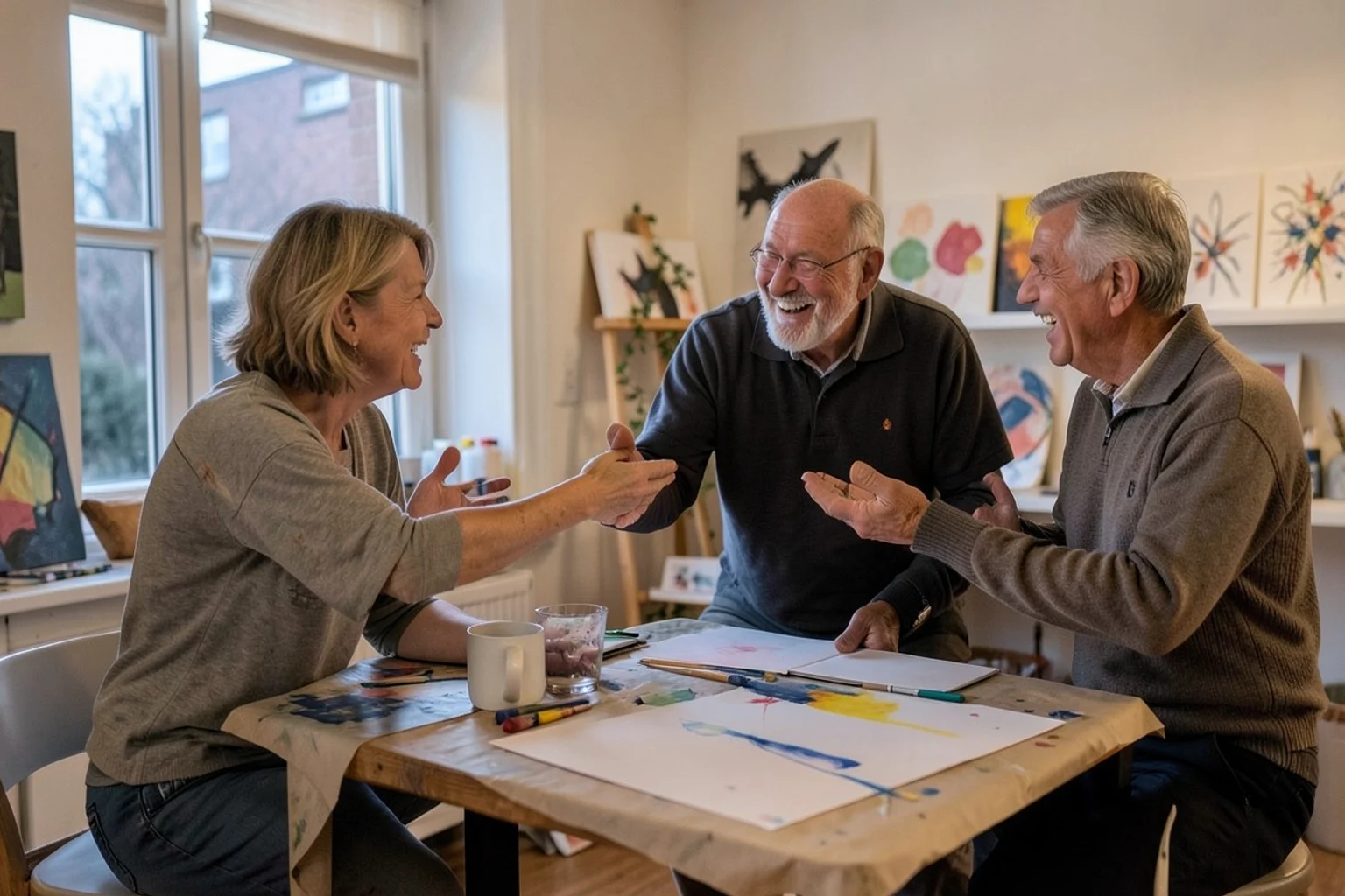 Three adults in their 40s and 50s warmly greet one another at a neighborhood community art studio