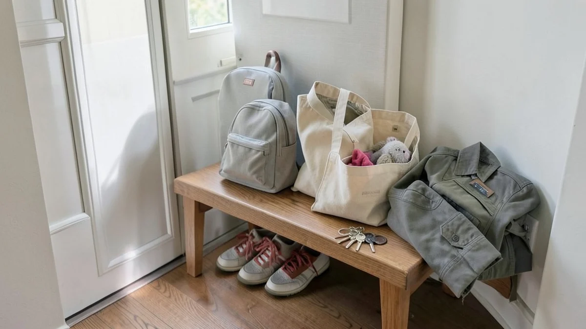 A hallway bench holds adult walking shoes, a child’s unmarked backpack, a caregiver’s canvas tote, house keys, and a folded work jacket