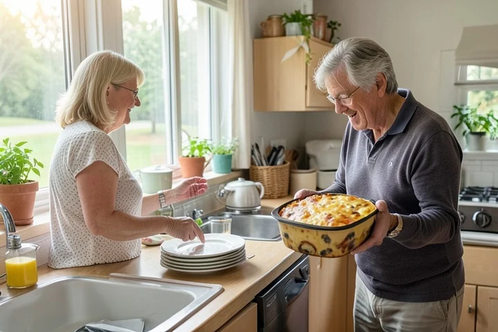 Two middle-aged siblings prepare a simple family meal together in a bright suburban kitchen, quietly expressing work, caregiving, household routines