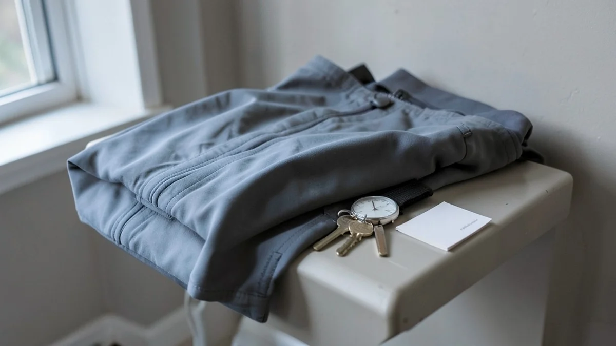 A folded walking jacket rests beside a simple wristwatch, house keys, and an unmarked card on a hallway console