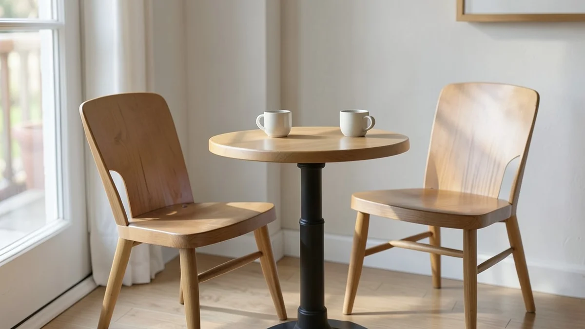 two empty cafe chairs beside a small round table with two plain ceramic cups, soft daylight and an ordinary welcoming interior