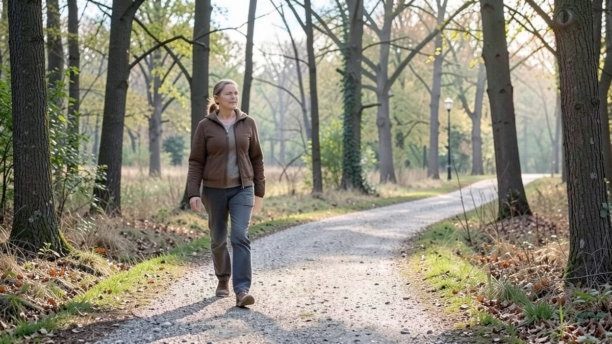 A woman in her late 40s walks calmly past a fork in a wooded park trail, choosing one clear gravel path while leaving the other behind