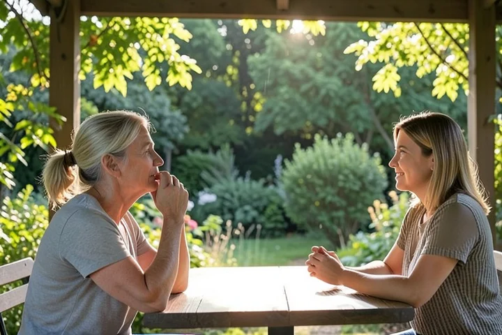 A woman in her late 40s takes a measured breath while a trusted friend listens across a shared table in a community garden pavilion