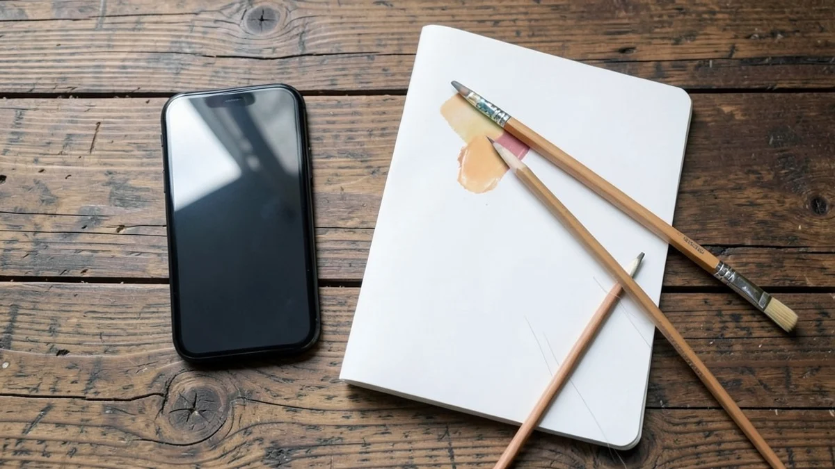 A face-down smartphone rests beside a blank notebook, two pencils, an unlabeled paint swatch, and a small paintbrush on a wooden desk