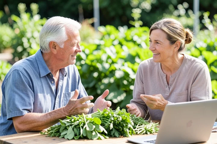 Two adults in their 40s compare freshly picked herbs while talking at a community garden worktable