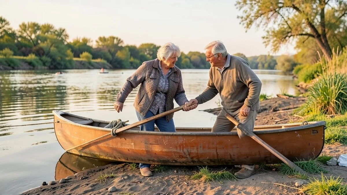 Two adults in their early 50s pull a small canoe onto a riverbank together after a calm outing