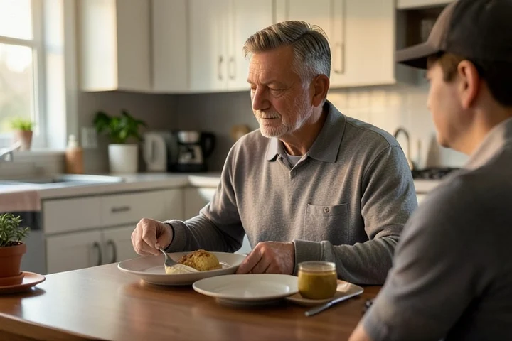 A middle-aged man calmly sets a second place setting at a tidy home kitchen table, leaving room for another person in his daily life