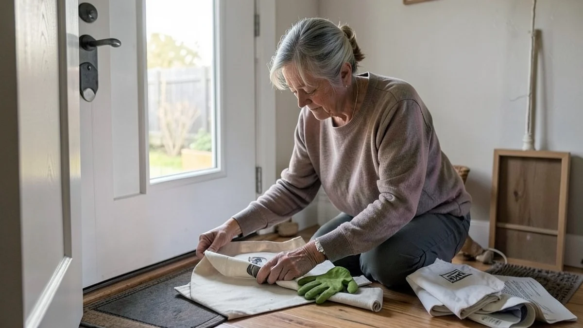 A woman in her early 50s lays out a plain canvas tote, gardening gloves, and a light jacket beside her front door