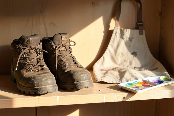 A pair of well-worn hiking boots, a clay-stained apron, and a watercolor palette rest in separate positions on a wooden studio shelf