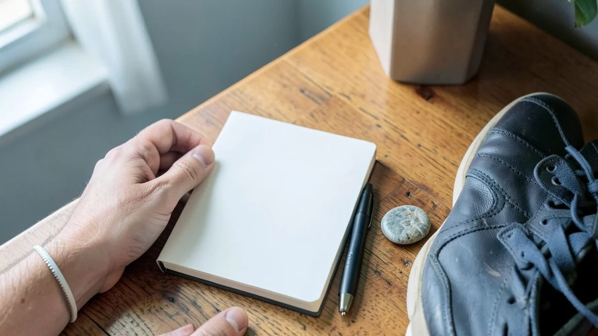 A hand places a smooth river stone beside a blank notebook, pen, and walking shoes on a wooden desk