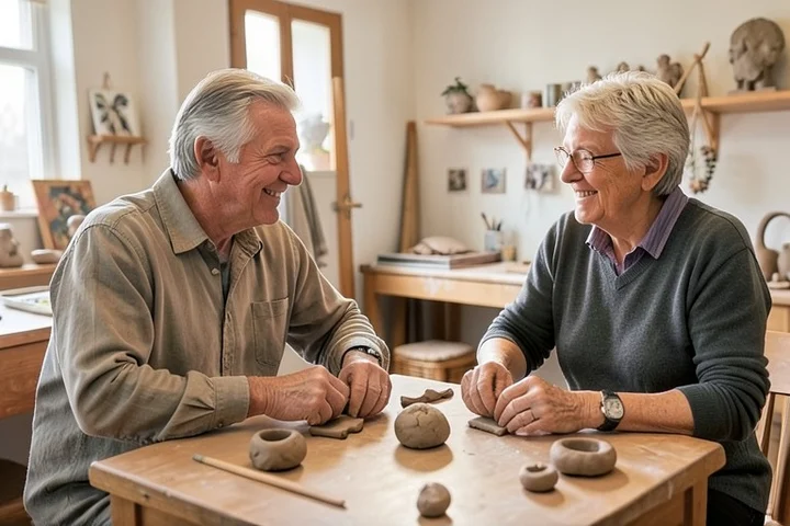 Two adults in their 40s chat comfortably across a shared worktable in a community art studio