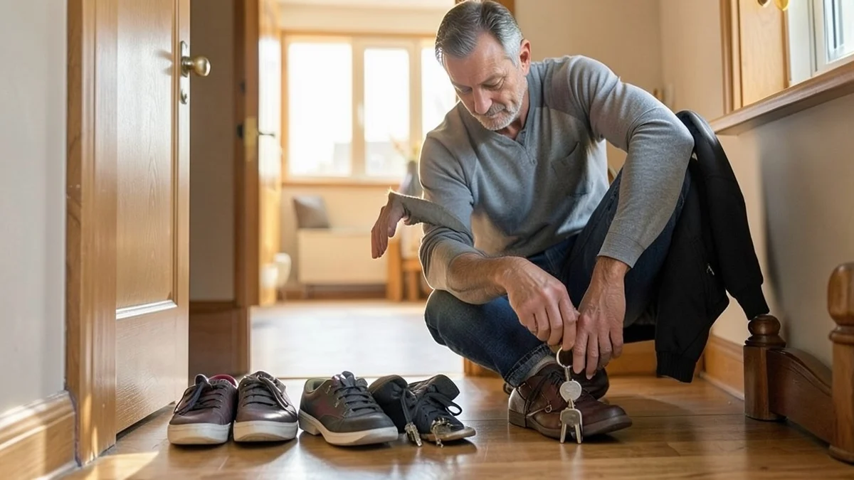 A man in his early 40s resets a quiet apartment entryway by placing walking shoes, a jacket, and house keys in an orderly row