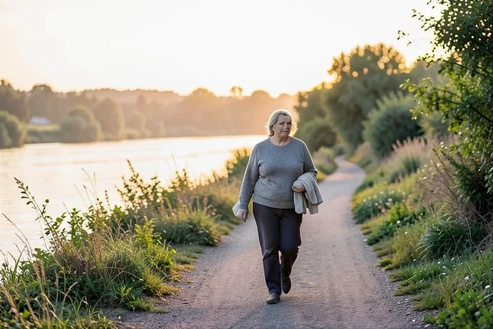 A woman in her early 50s walks a quiet riverside trail at sunrise, moving at an unhurried pace with a light jacket over one arm