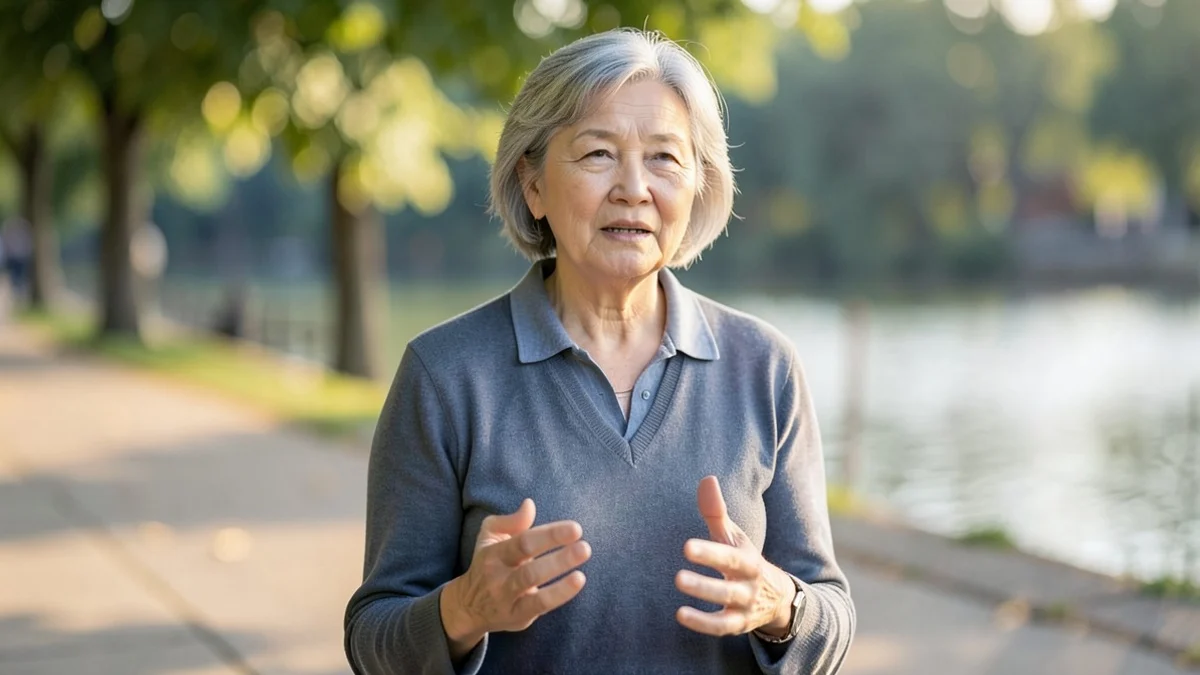 A woman in her early 50s speaks with calm, open gestures in a waist-up portrait on a quiet riverside promenade
