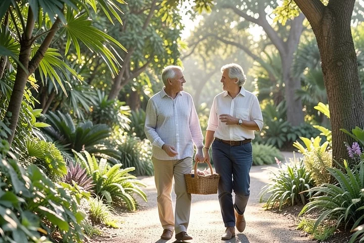 Two adults in their 40s and 50s walk side by side along a botanical garden path, one speaking while the other listens