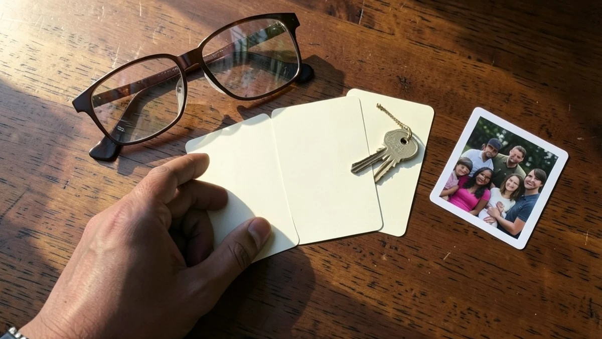 A hand arranges three blank cream cards beside eyeglasses, a house key, and a small family photograph on a walnut table