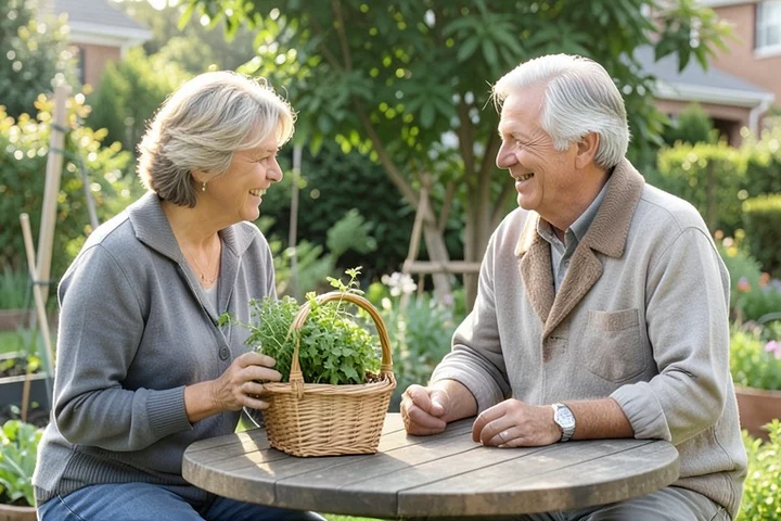 Two adults in their late 40s share an easy conversation beside a community garden table