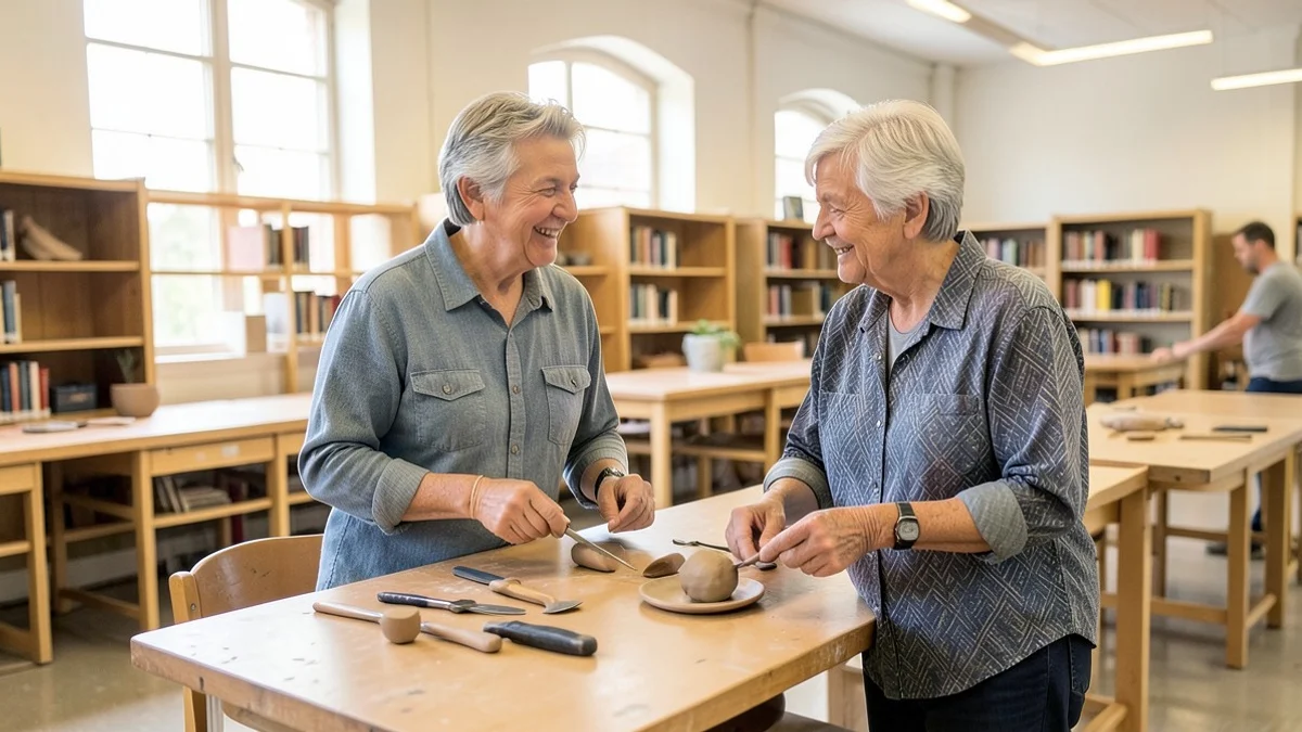 Two adults in their 50s exchange a relaxed introduction while arranging clay tools in a bright public library workshop room