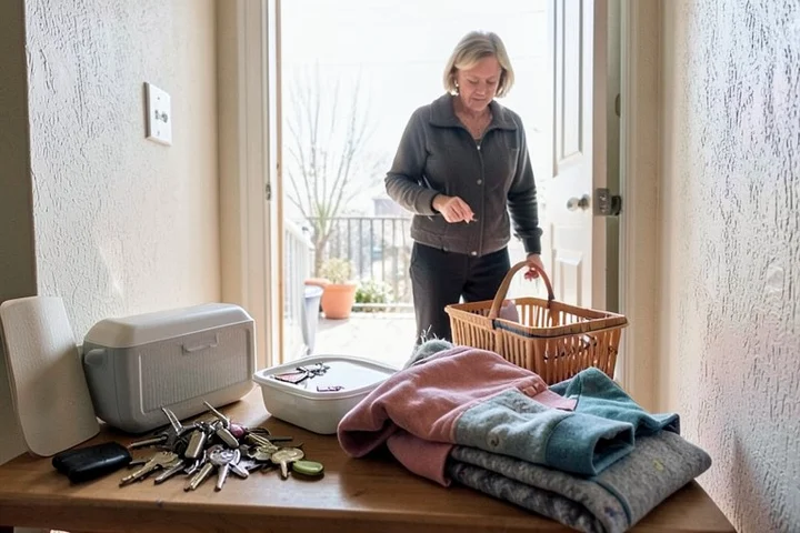 A 50-year-old woman sorts house keys, a lunch container, a grocery tote, and a folded child’s jacket on an entryway bench before leaving home