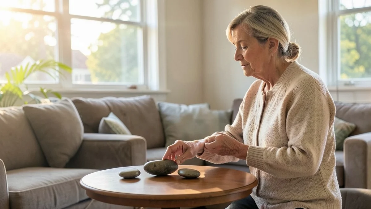 A thoughtful woman in her late 40s pauses beside a small round table, choosing among four smooth stones arranged in a gentle arc, symbolizing fit