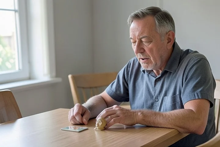 A middle-aged man in his early 50s places an unmarked speech-bubble-shaped wooden token beside a small ceramic portrait tile on a tidy dining table