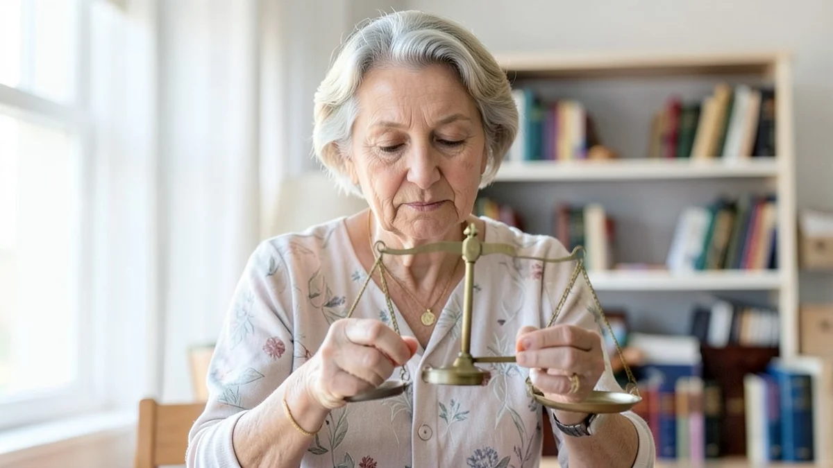 A woman in her early 50s steadies a small brass balance scale with one plain ceramic disk in each pan, calmly weighing cost against local dating fit