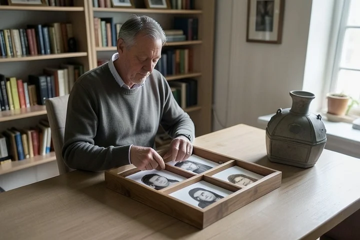 A man in his late 40s sorts several unmarked portrait prints into a wooden tray with separate compartments