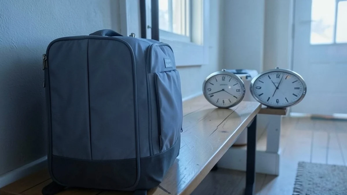 A packed carry-on suitcase sits beside two analog clocks showing different times on a simple hallway bench, making travel, time zones