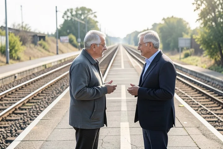 Two middle-aged partners confer quietly several paces apart on a sunlit railway platform