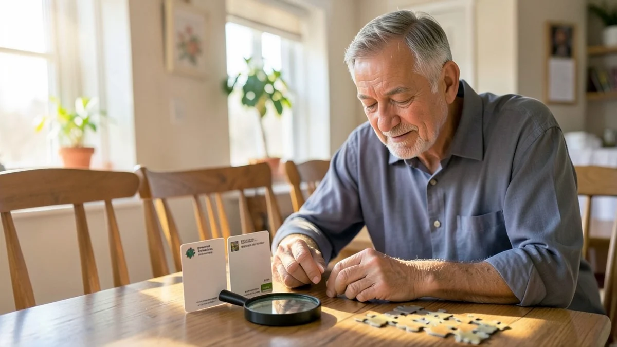 A middle-aged adult compares two blank, unbranded plan cards beside a magnifying glass and a small completed puzzle on a sunlit dining-room table