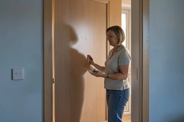 A woman in her 40s closes a solid apartment door from inside a calm entry hall while a small set of keys rests on a narrow shelf