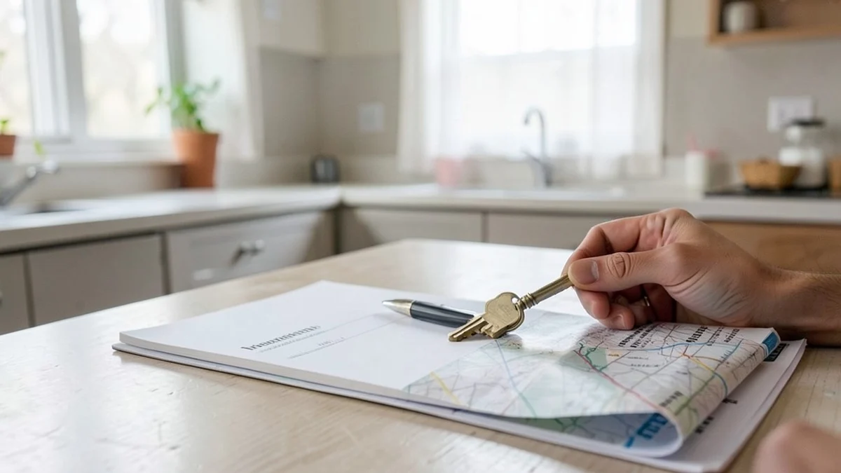 A hand places a house key beside a blank meeting-plan notebook, a pen, and a neatly folded transit map on a quiet kitchen table