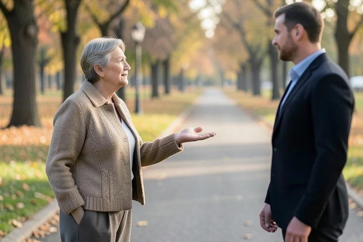 A woman in her early 50s holds one calm open palm toward a man several steps away on a quiet public park path