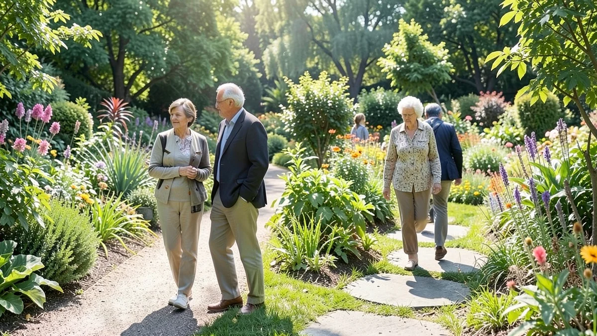 Two adults in their early 50s explore separate paths through a bright botanical garden