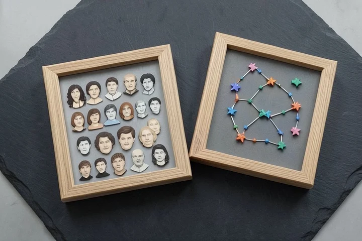 Two unmarked wooden frames rest on a dark slate surface