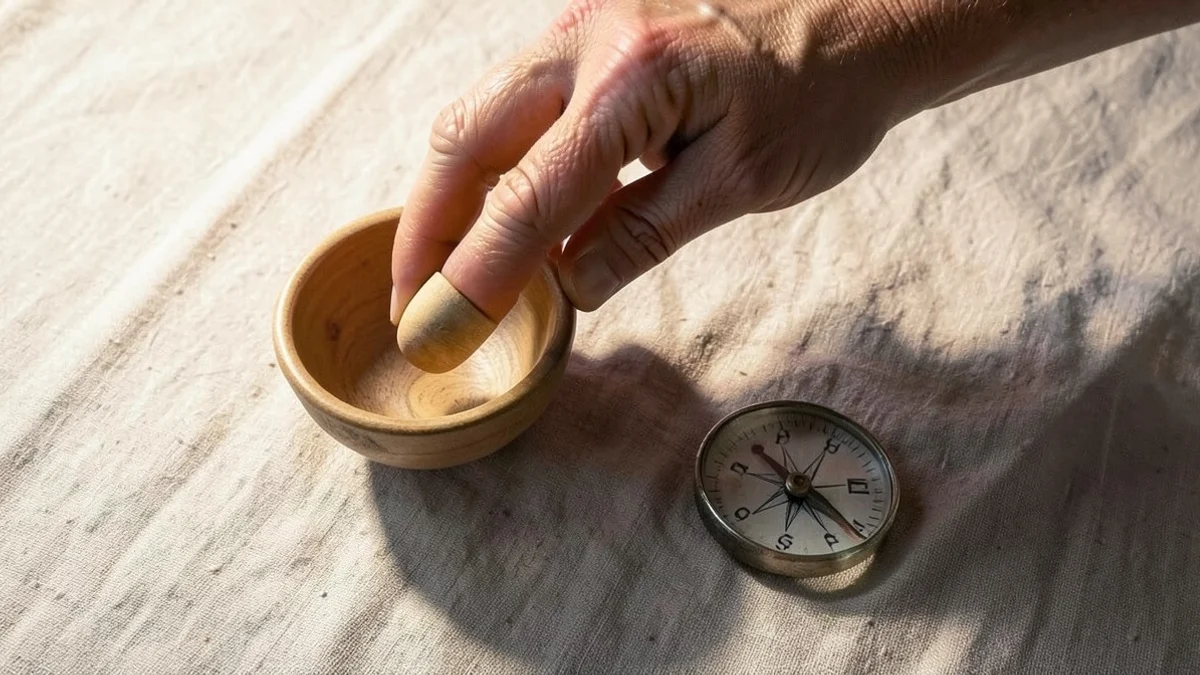A mature hand lifts one smooth wooden token from a shallow bowl beside an hourglass and a small compass on a linen-covered table
