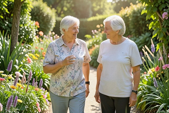 Two adults in their late 40s walk side by side through a botanical garden