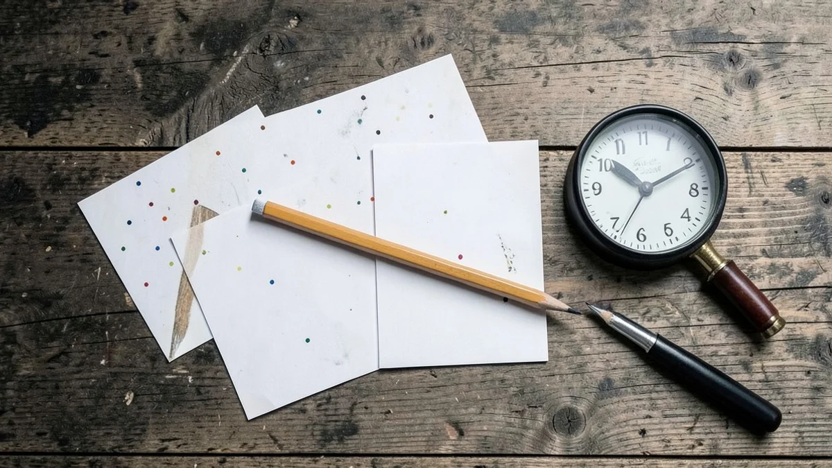 A pencil lies across three blank index cards marked only with small colored dots beside a magnifying glass and a small analog clock