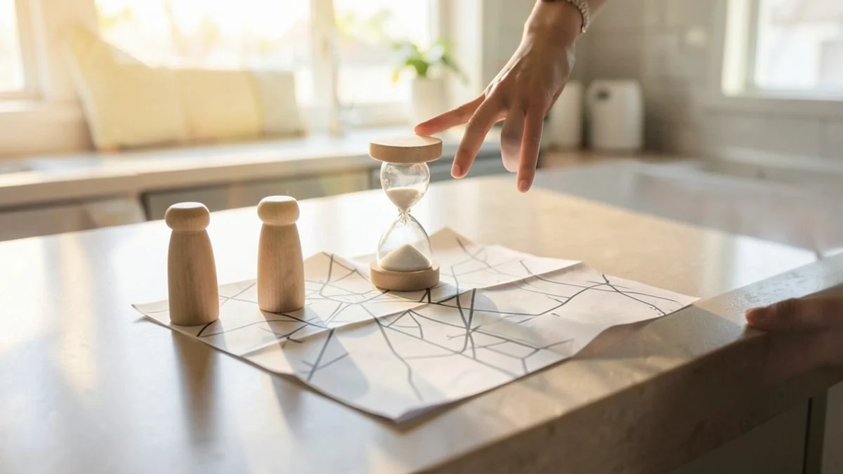 A hand places two wooden route markers beside a small hourglass and a folded street map drawn only with abstract lines on a sunlit kitchen island