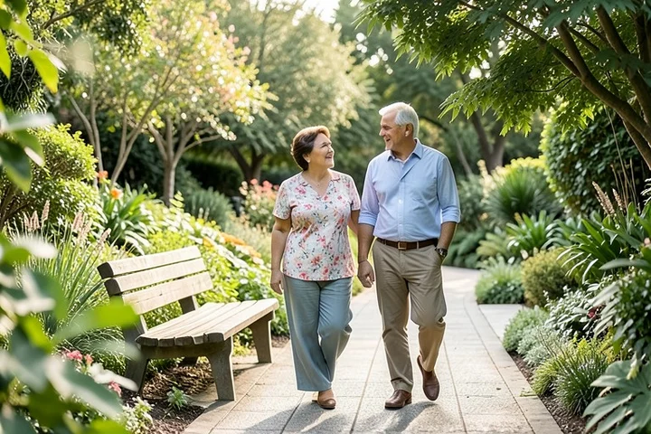 A woman in her 40s and a man in their 50s stroll side by side along a short paved path in a botanical garden