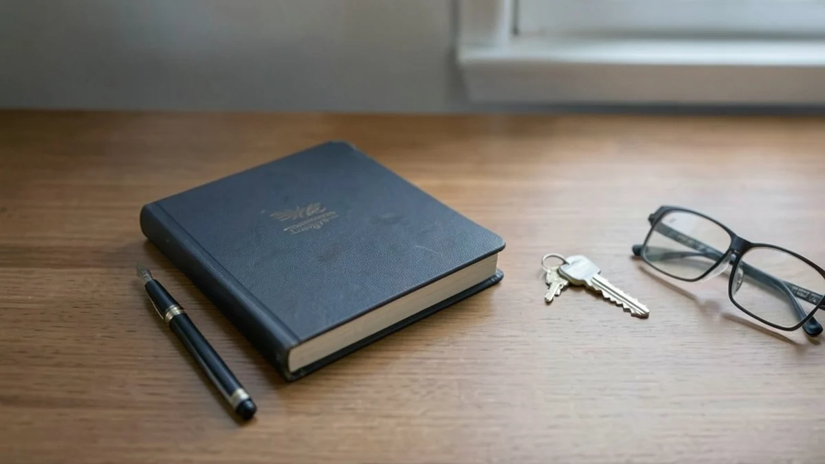 A fountain pen rests beside a closed, unmarked journal, a house key, and reading glasses on a tidy walnut desk