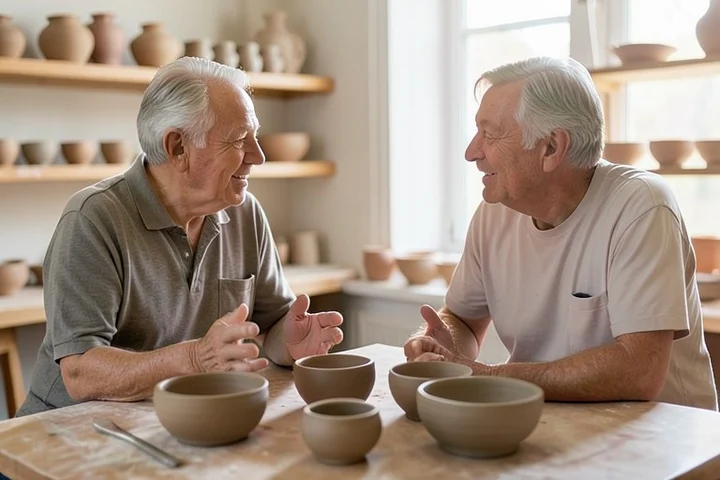 Two adults in their early 50s share a calm conversation across a pottery studio worktable