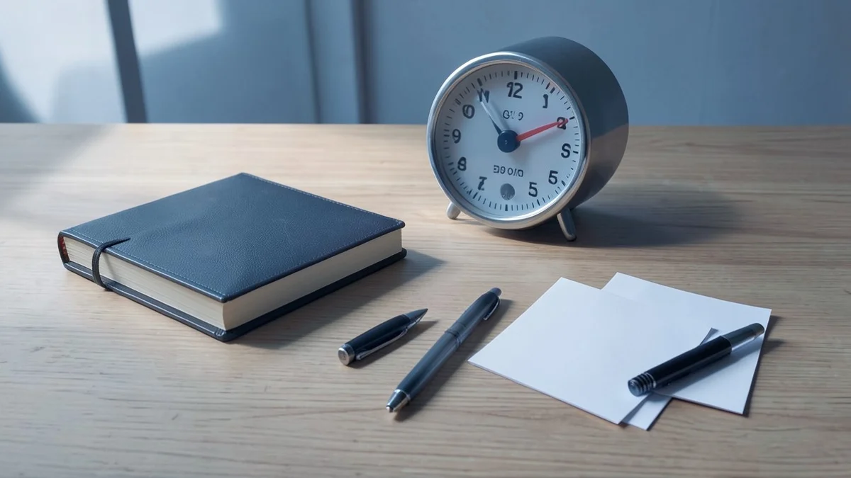 An analog kitchen timer sits beside a closed notebook, a capped pen, and two blank index cards on a tidy wooden desk