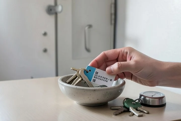 A hand places personal keys and a blank-backed transit card into a small bowl beside a closed apartment door