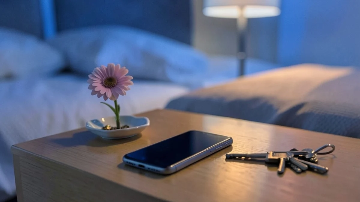 A smartphone lies face down on a bedside table beside a small dish of keys and a single fresh flower, evoking a brief