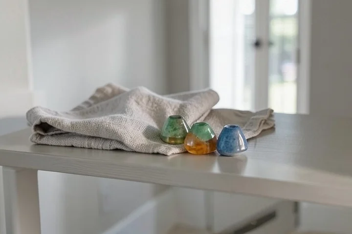Three unmarked ceramic tokens in green, amber, and blue rest in a gentle row beside a folded scarf on a hallway console