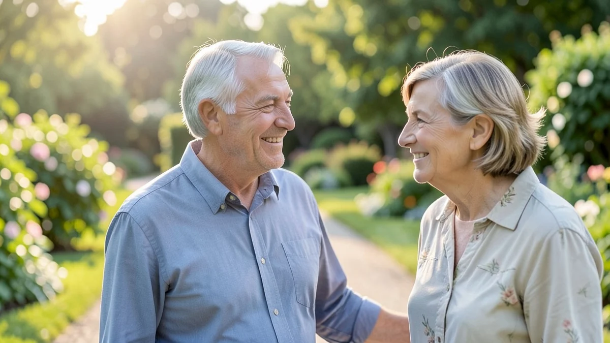 Two adults in their late 40s share an attentive smile during a relaxed conversation on a leafy public garden path
